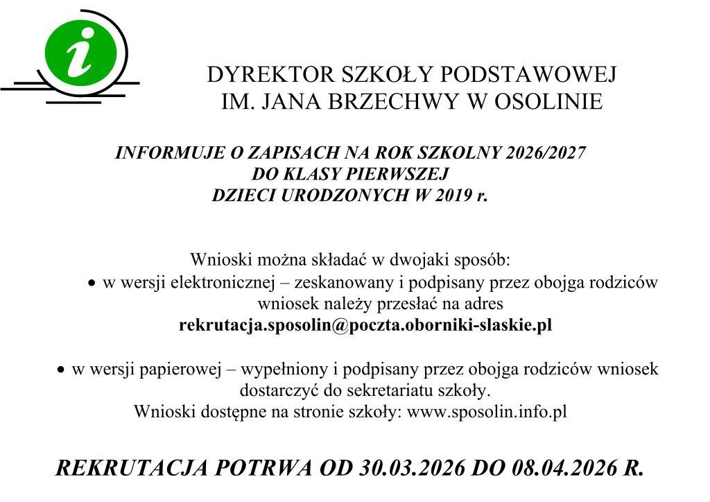 Zapisy dzieci do klasy pierwszej na rok szkolny 2026/2027