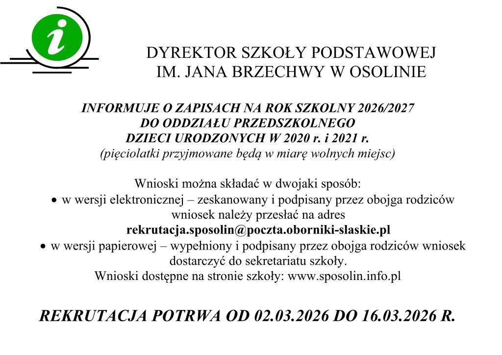 Zapisy dzieci do klasy przedszkolnej na rok szkolny 2026/2027